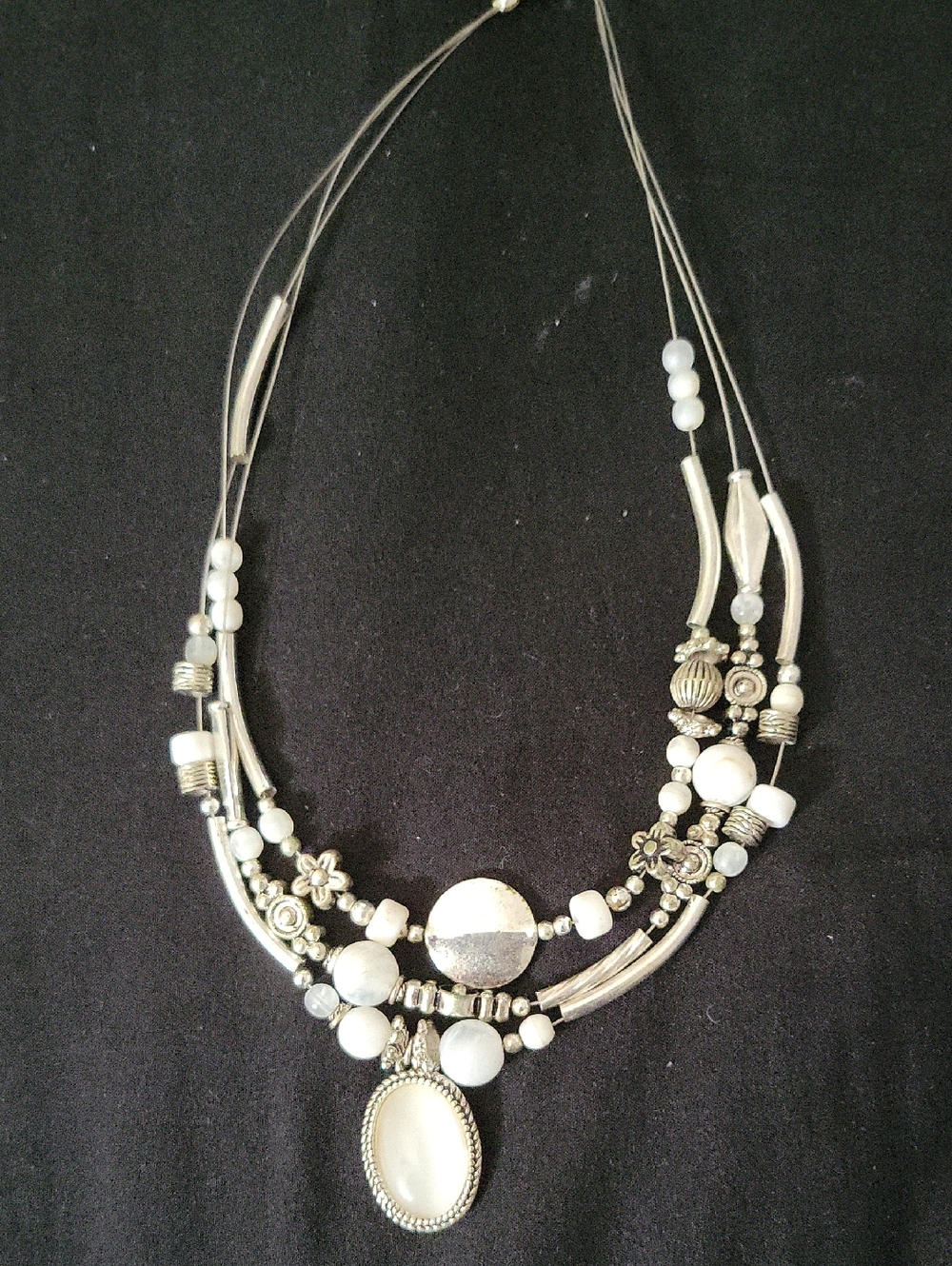 Elegant White and Silver Multi-Strand Pendant Necklace - Brand